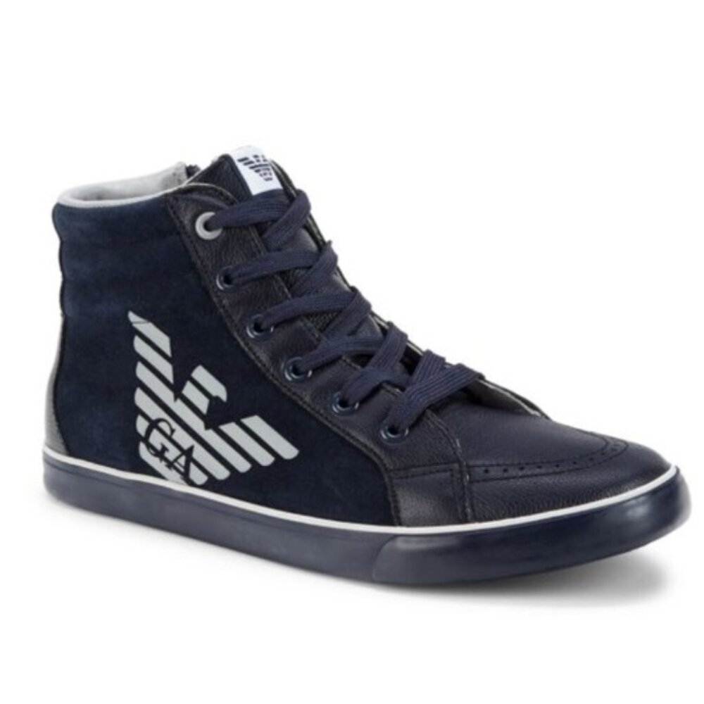 GIORGIO ARMANI JUNIOR Leather Suede High Top Sneakers Zipper Lace Up Padded Boys